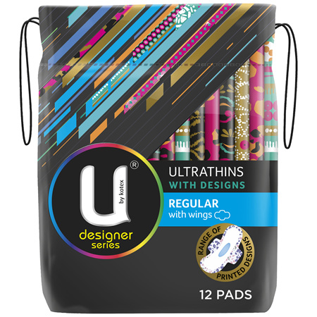 U by Kotex Regular Designer Series Ultrathins With Wings, 12 Pads