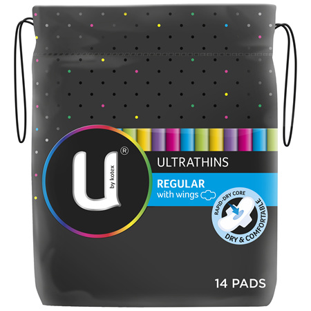 U by Kotex Regular Ultrathins Pads with Wings 14 Pack