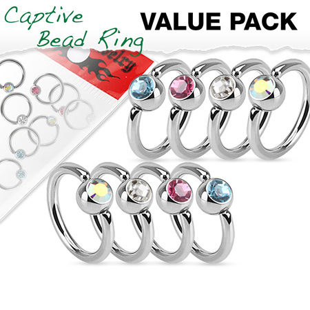 Value Pack 4 Pair Annealed Captive Bead Rings w/ Crystal Set Ball