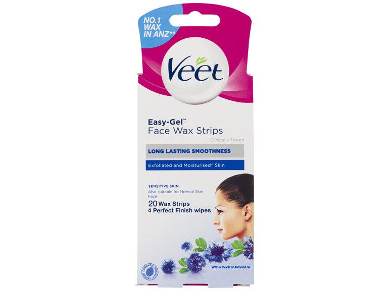 Veet Easy-Gel Face Wax Strips For Sensitive Skin Almond Oil 20 Wax Strips 4 Perfect Finish Wipes