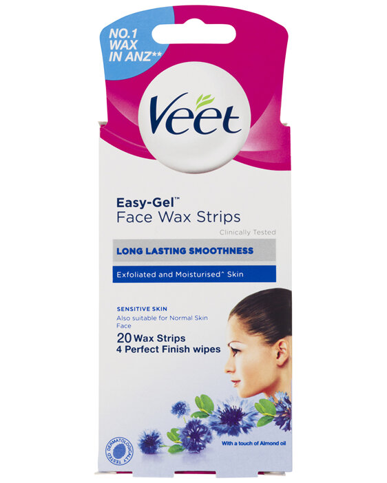 Veet Easy-Gel Face Wax Strips For Sensitive Skin Almond Oil 20 Wax Strips 4 Perfect Finish Wipes
