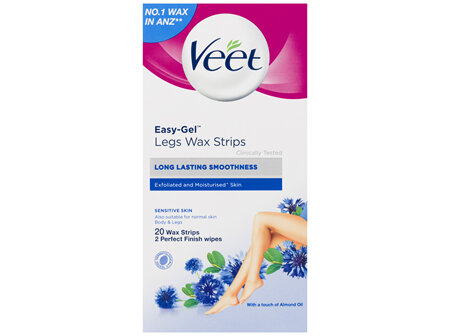 Veet Easy-Gel Legs Wax Strips For Sensitive Skin Almond Oil 20 Wax Strips 2 Perfect Finish Wipes