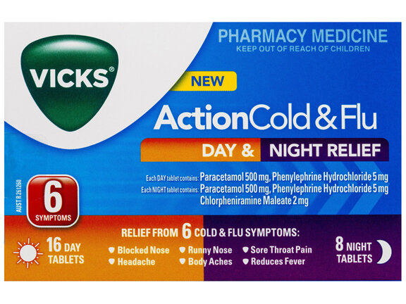 Vicks Action Cold & Flu Tablets Day & Night Relief 24 Pack
