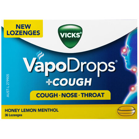 VICKS VapoDrops+Cough Honey Lemon Menthol 36 Lozenges
