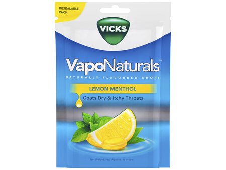 Vicks VapoNaturals Lemon Menthol Flavoured Drops 19 Naturally Flavoured Drops 70g Resealable Bag
