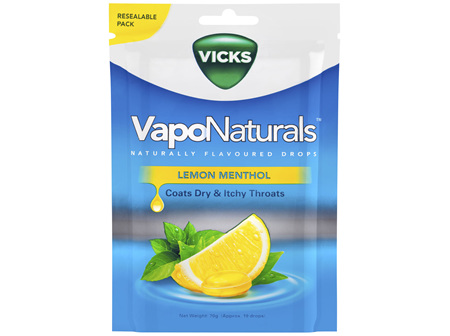 Vicks VapoNaturals Lemon Menthol Flavoured Drops 19 Naturally Flavoured Drops 70g Resealable Bag