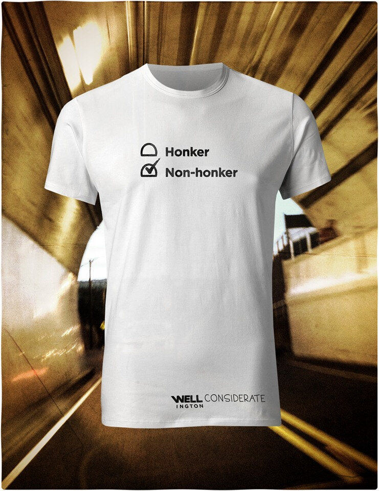 Well Horny, Black on White T-Shirt - You don't honk in Wellington Tunnel