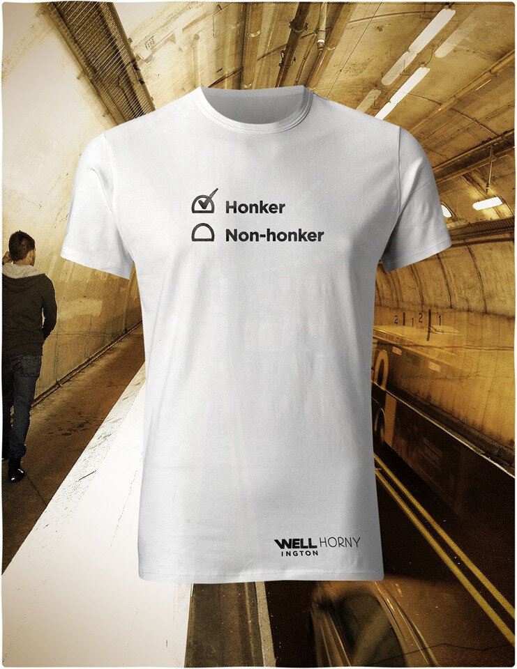 Well Horny, Black on White T-Shirt  - you honk in Wellington Tunnel