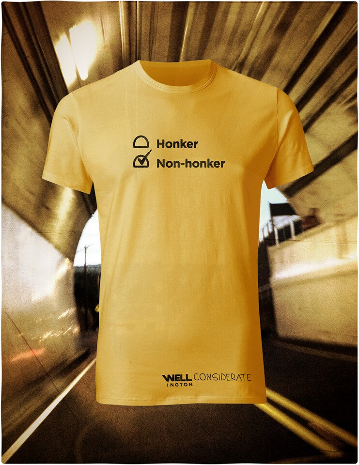 Well Horny, Black on Yellow T-Shirt - You don't honk in Wellington Tunnel
