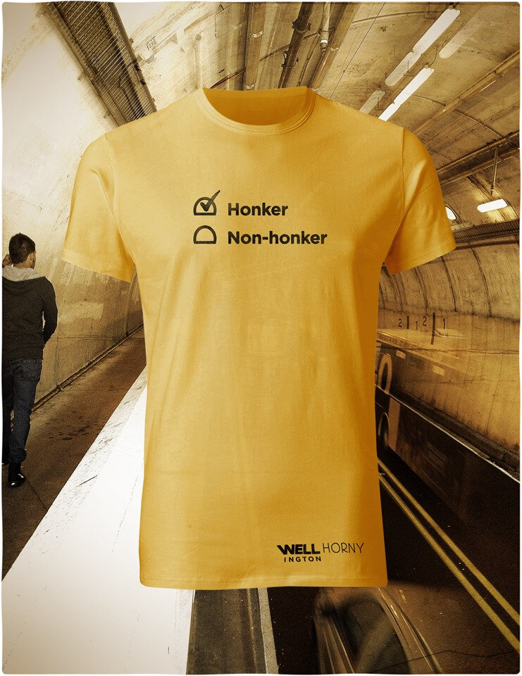Well Horny, black on yellow T-Shirt  - you honk in Wellington Tunnel