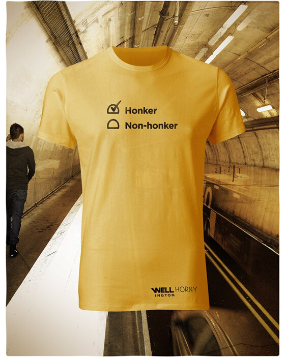 Well Horny, black on yellow T-Shirt  - you honk in Wellington Tunnel