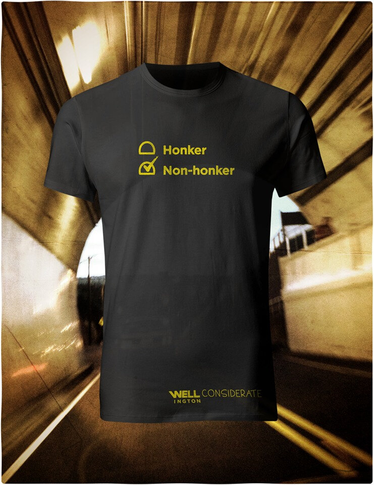 Well Horny, Yellow on Black T-Shirt - You don't honk in Wellington Tunnel