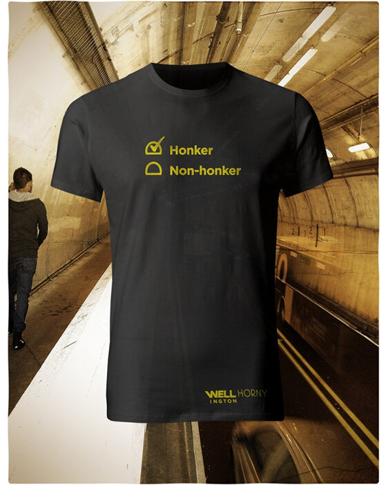 Well Horny, Yellow on Black T-Shirt - You honk in Wellington Tunnel