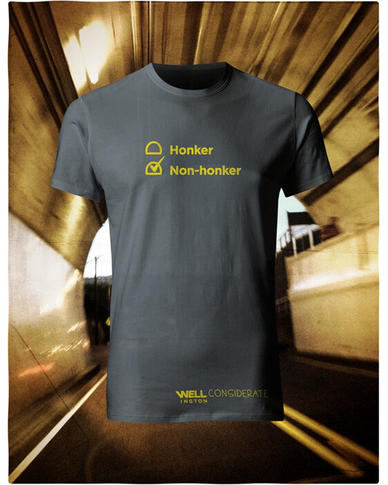 Well Horny, Yellow on Charcoal T-Shirt - You don't honk in Wellington Tunnel