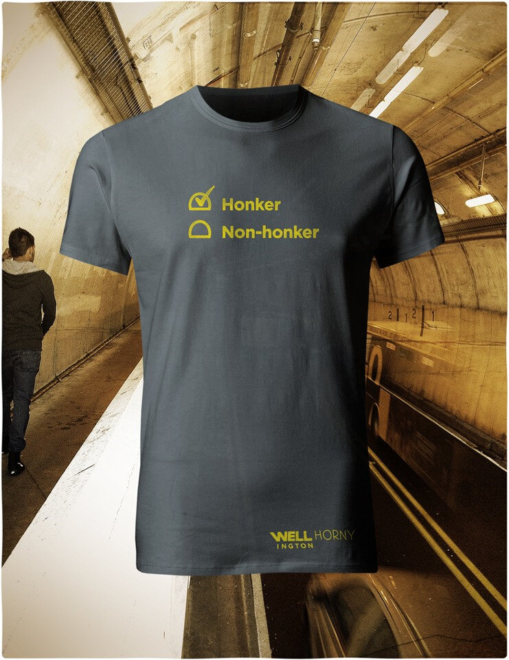 Well Horny, Yellow on Charcoal T-Shirt - you honk in Wellington Tunnel