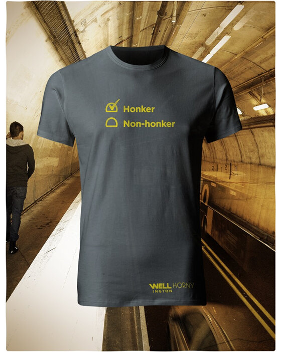 Well Horny, Yellow on Charcoal T-Shirt - you honk in Wellington Tunnel
