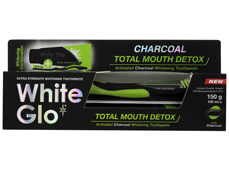 White Glo Extra Strength Whitening Charcoal Total Mouth Detox Toothpaste + Toothbrush