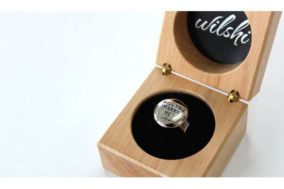 Wilshi button proposal ring in handmade wooden box