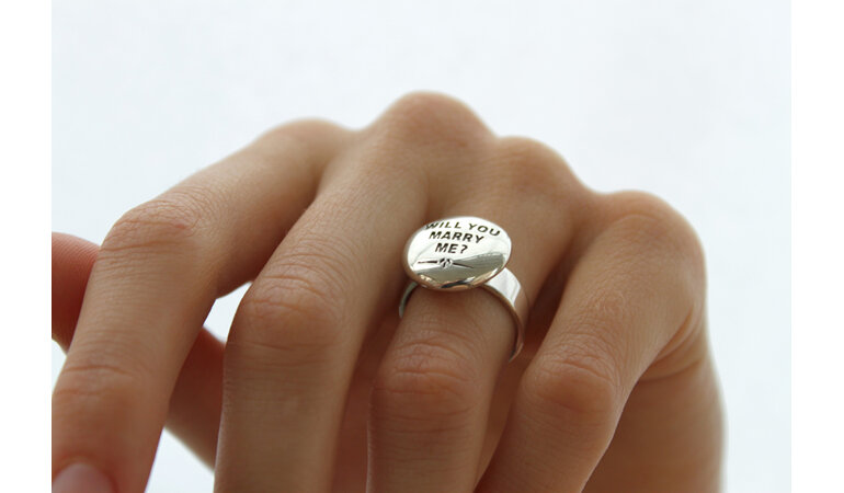 Wilshi button proposal ring on the hand
