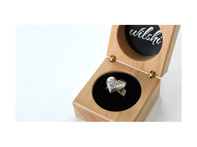 Wilshi heart proposal ring in handmade wooden box