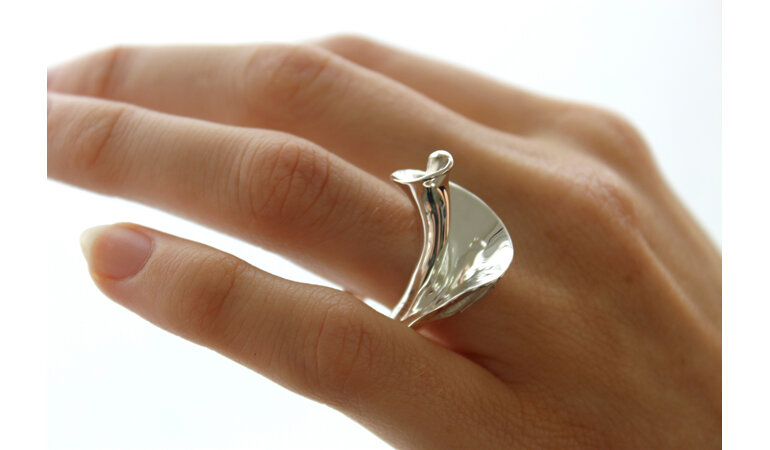 Wilshi shell proposal ring on the hand