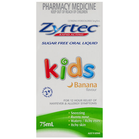 Zyrtec Cetirizine Kids Fast Acting Relief Sugar Free Banana 75mL