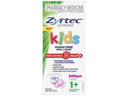 Zyrtec Kids Allergy & Hayfever Relief Antihistamine Bubblegum Liquid 60mL